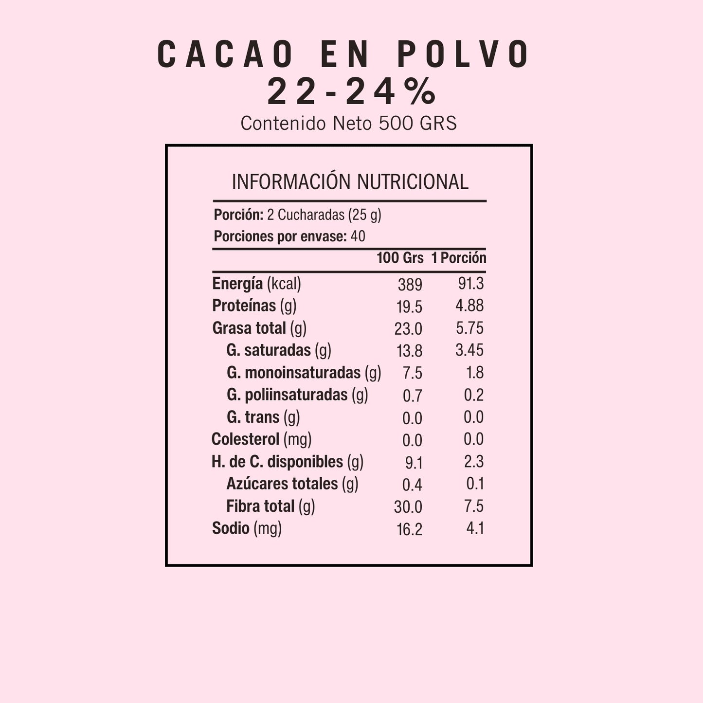 Información Nutricional Cacao 22-24% Barry de Callebaut Libre de Gluten