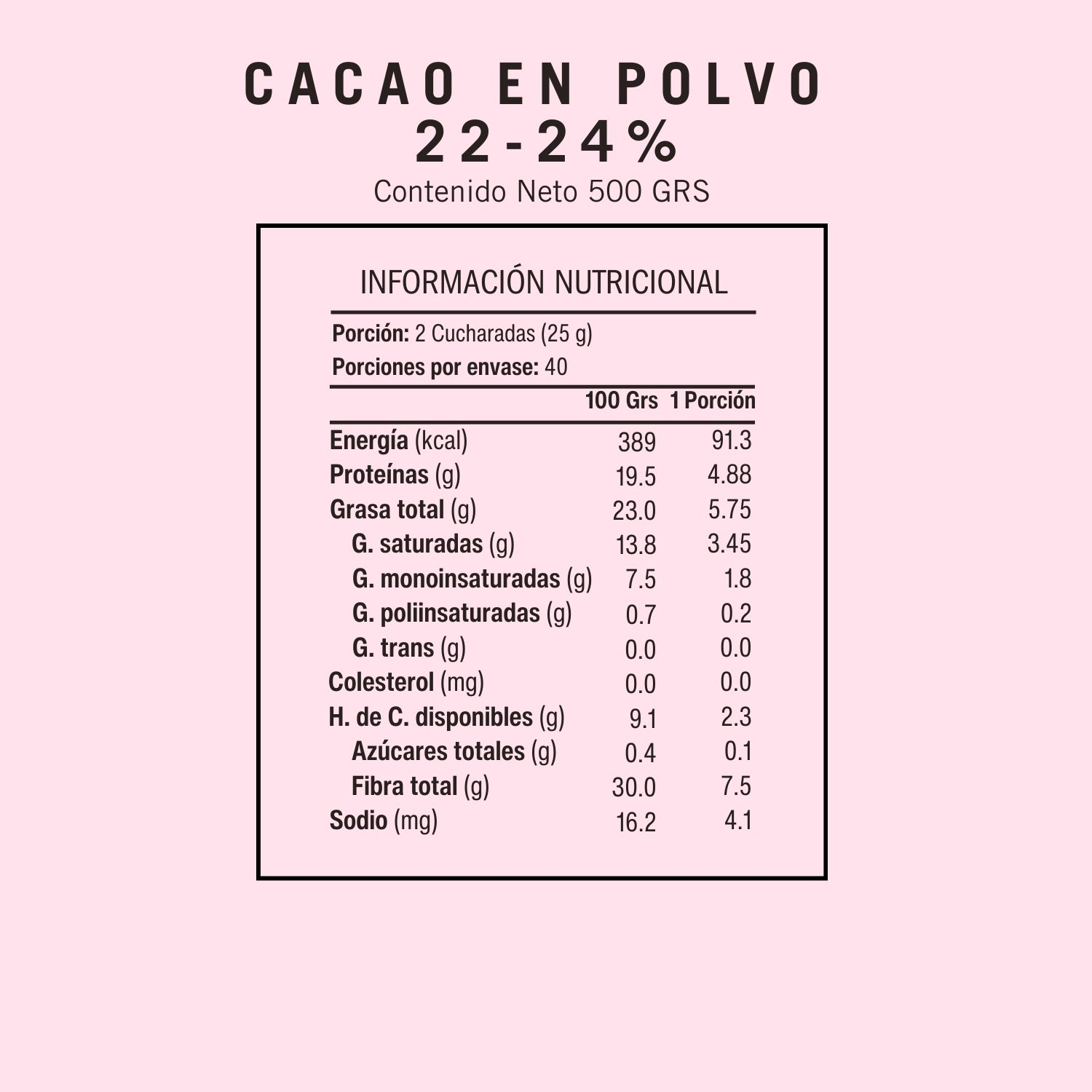 Información Nutricional Cacao 22-24% Barry de Callebaut Libre de Gluten
