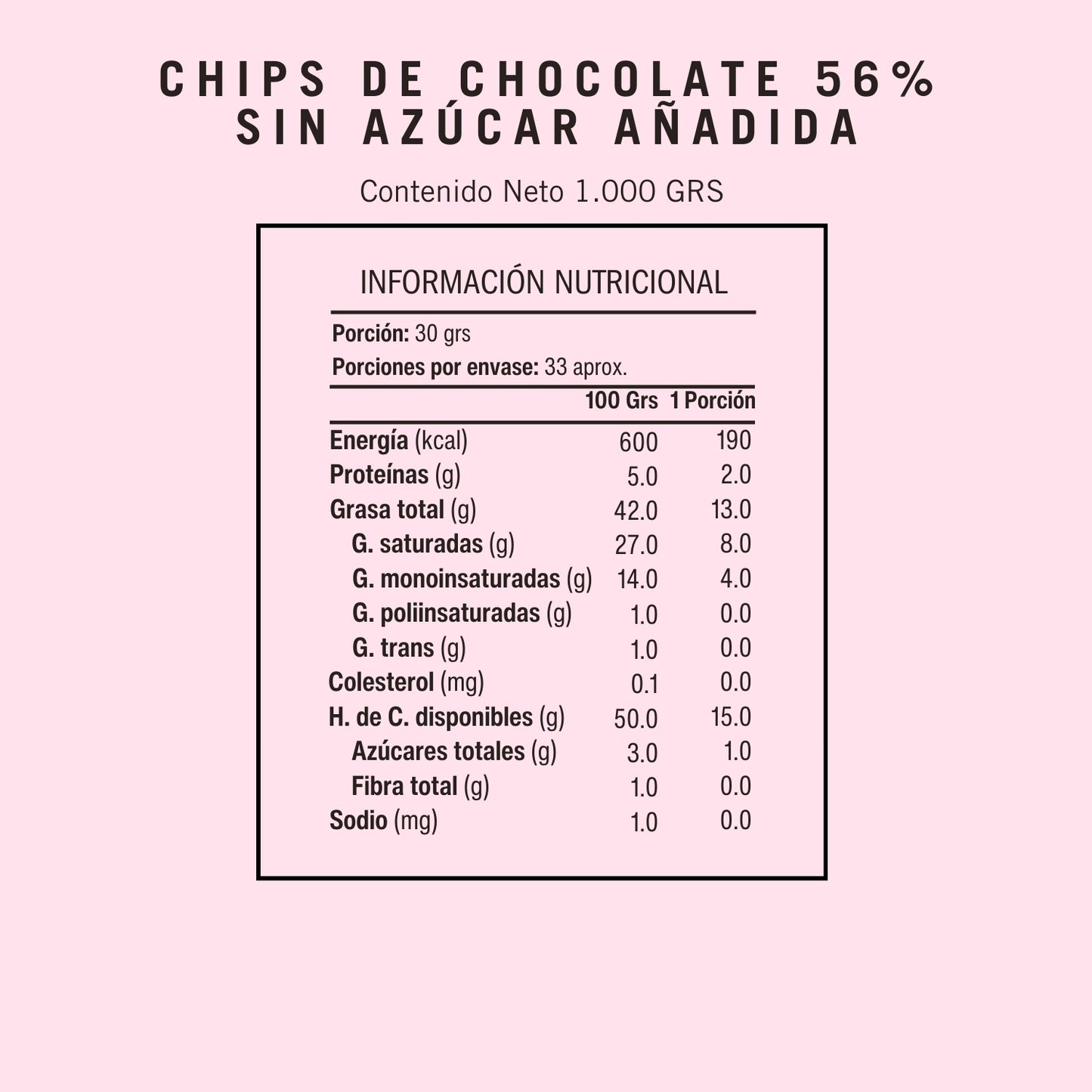 Informacion Nutricional de Chips de Chocolate 56% sin gluten de Chocono