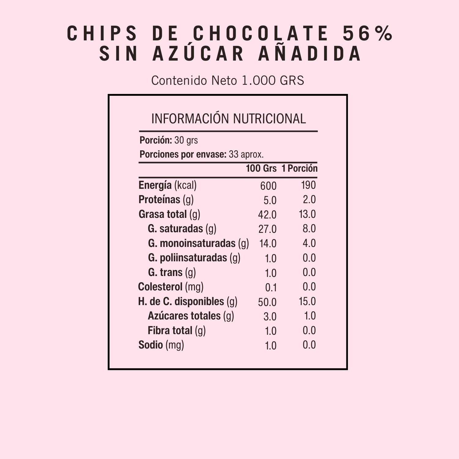 Informacion Nutricional de Chips de Chocolate 56% sin gluten de Chocono
