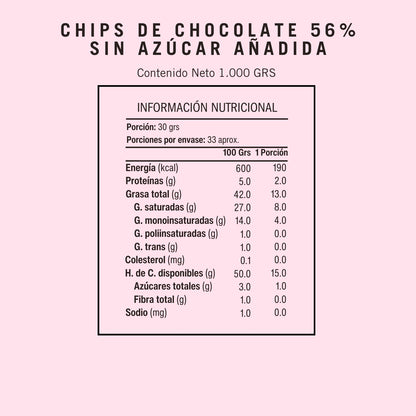 Informacion Nutricional de Chips de Chocolate 56% sin gluten de Chocono