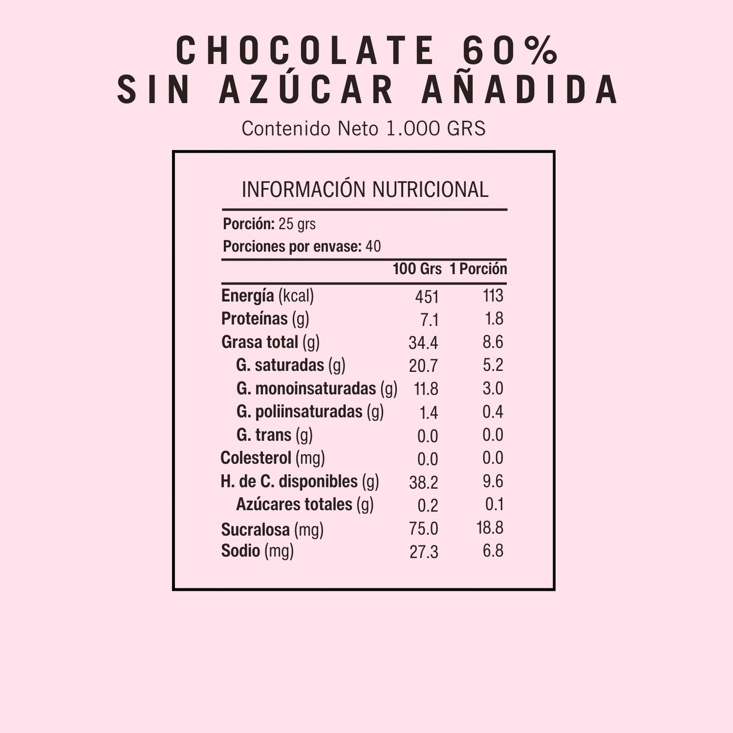Tabla Nutricional de Chocolate Neucober libre de azúcar 60% cacao