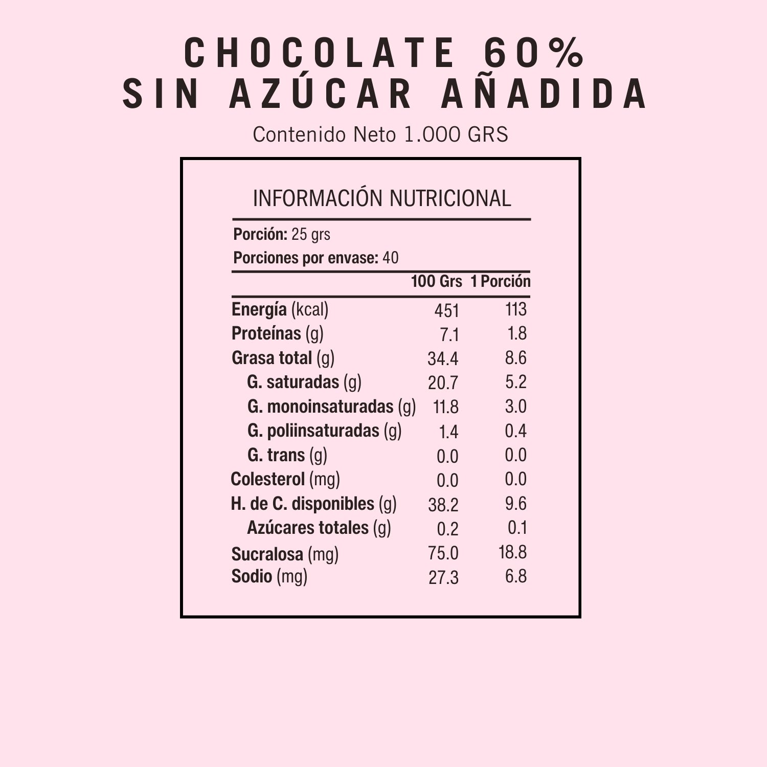 Tabla Nutricional de Chocolate Neucober libre de azúcar 60% cacao