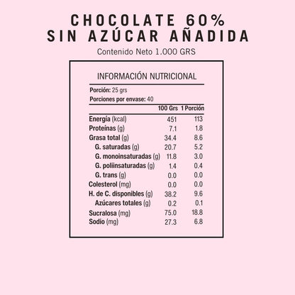 Tabla Nutricional de Chocolate Neucober libre de azúcar 60% cacao