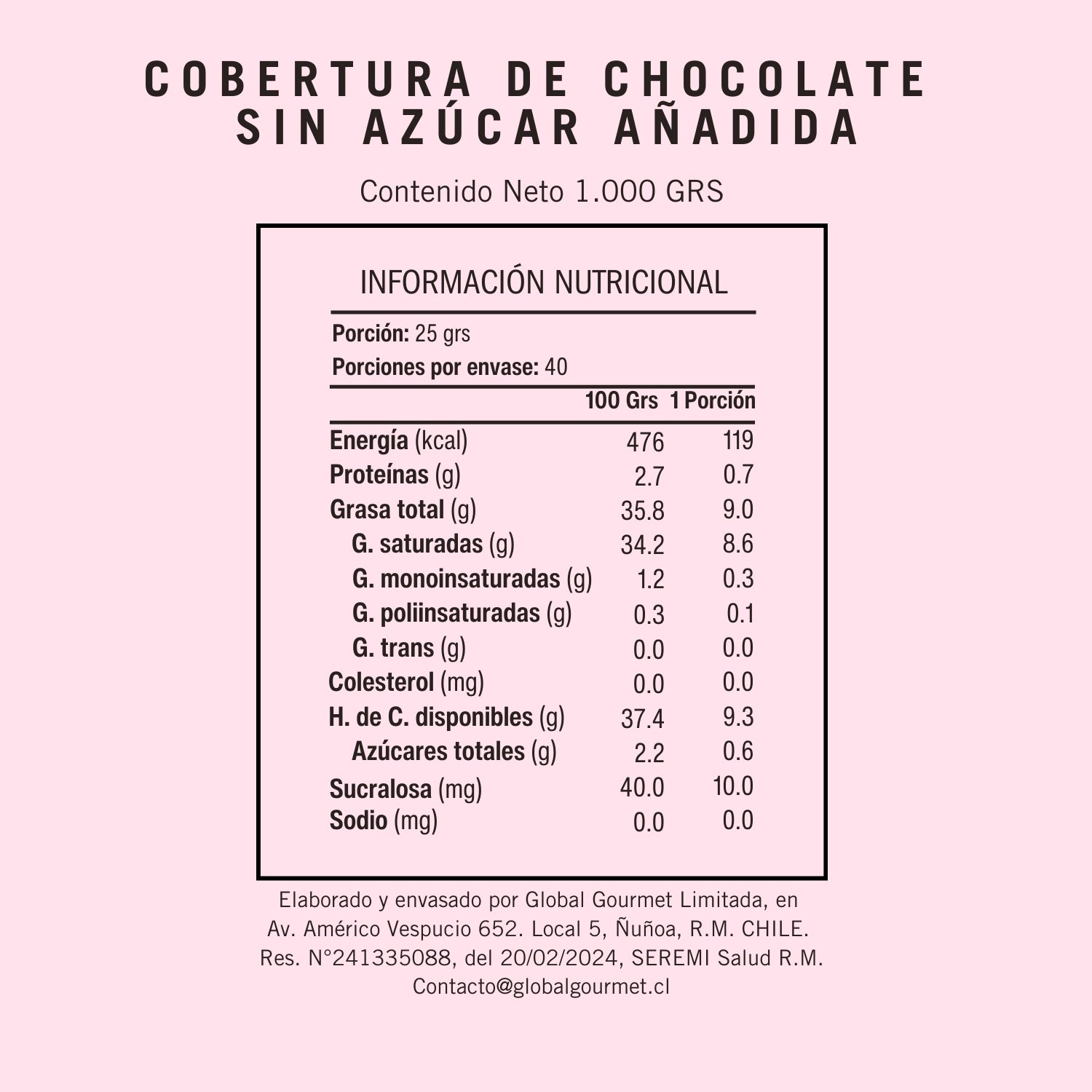 Información nutricional gotas de chocolate sucedáneo sin azúcar añadida Neucober
