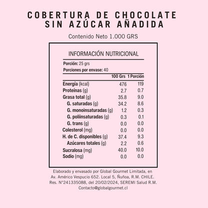 Información nutricional gotas de chocolate sucedáneo sin azúcar añadida Neucober