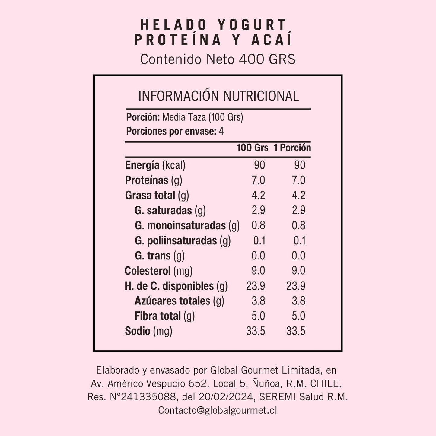 Información Nutricional helado de yogurt y acaí con proteína y sin azúcar 