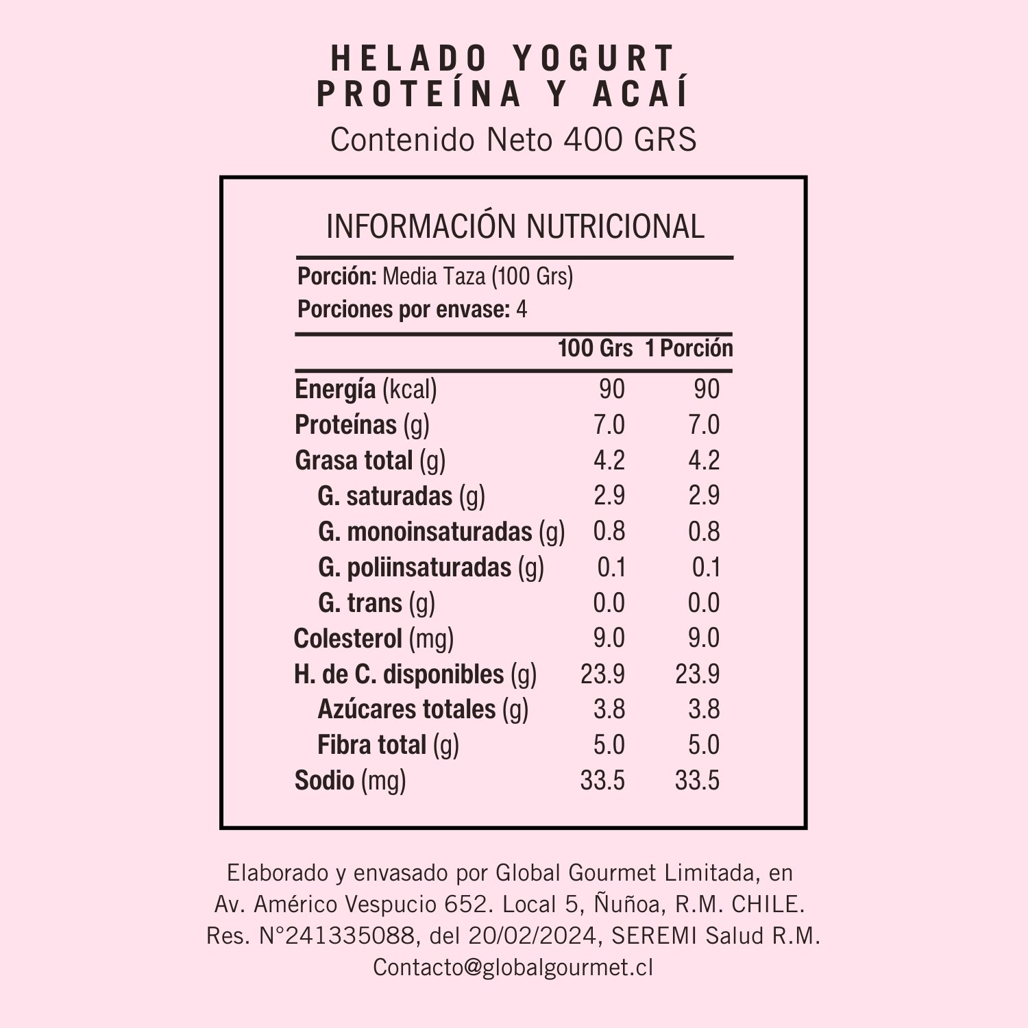 Información Nutricional helado de yogurt y acaí con proteína y sin azúcar 