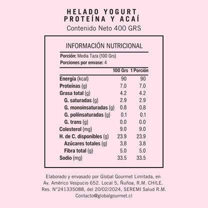 Información Nutricional helado de yogurt y acaí con proteína y sin azúcar 