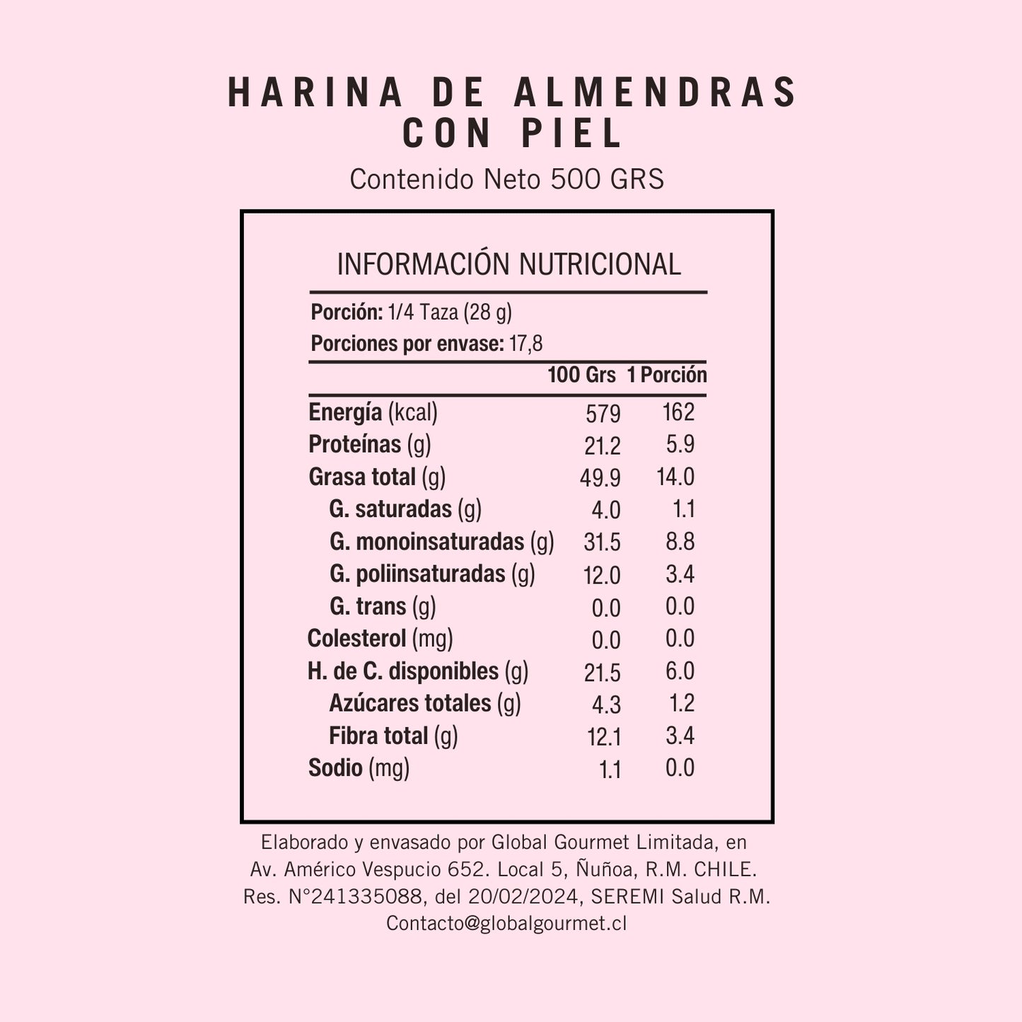 Informacion Nutricional Harina de Almendras Con Piel