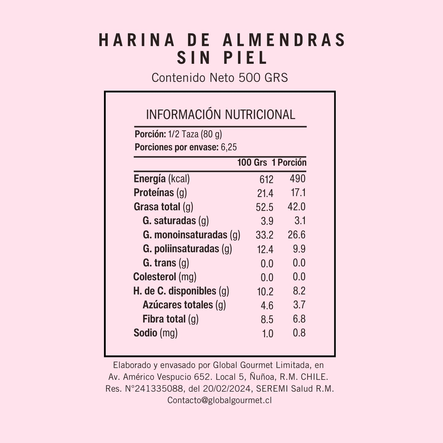 Información Nutricional de Harina de Almendras Sin piel Extra Fina