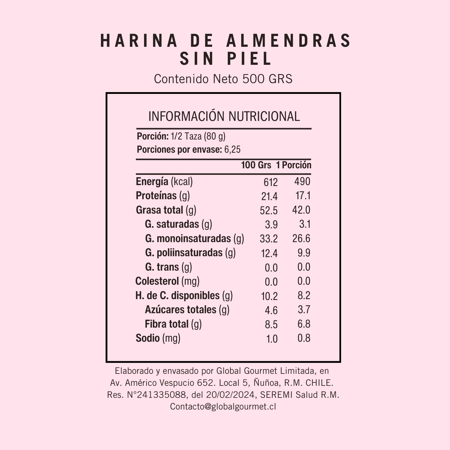 Información Nutricional de Harina de Almendras Sin piel Extra Fina