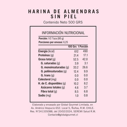 Información Nutricional de Harina de Almendras Sin piel Extra Fina