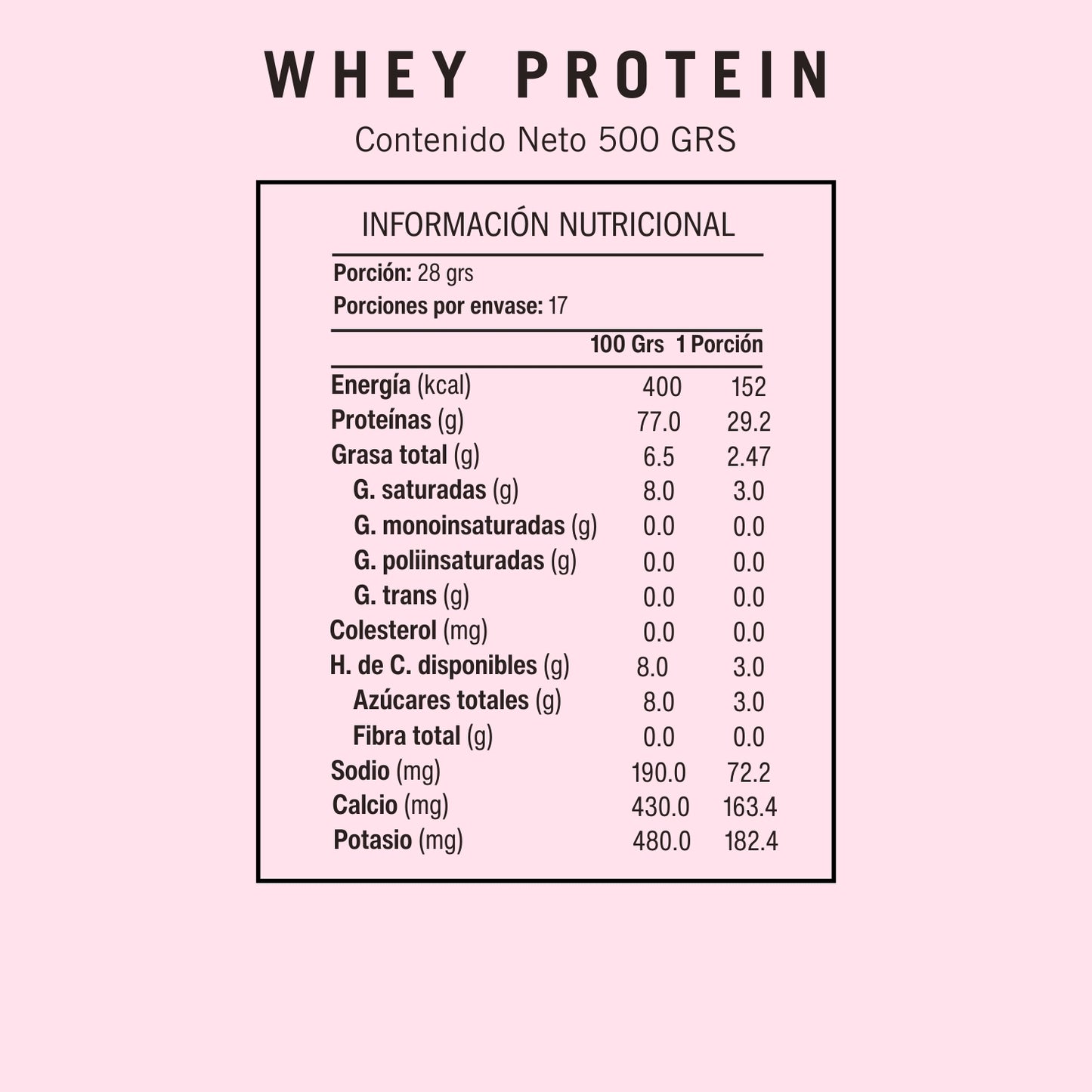 Informacion Nutricional Suplemento Whey Protein BioV 500g WPC 80% sabor neutro.