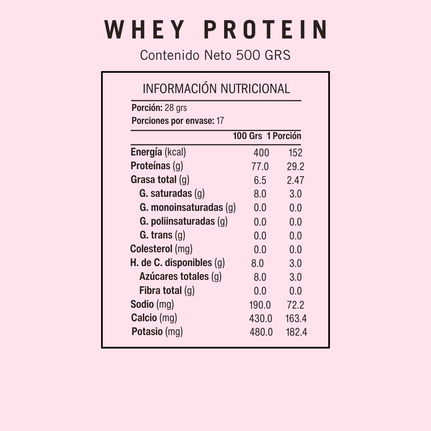 Informacion Nutricional Suplemento Whey Protein BioV 500g WPC 80% sabor neutro.