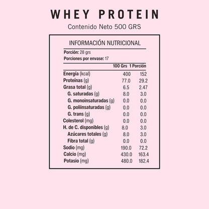 Informacion Nutricional Suplemento Whey Protein BioV 500g WPC 80% sabor neutro.