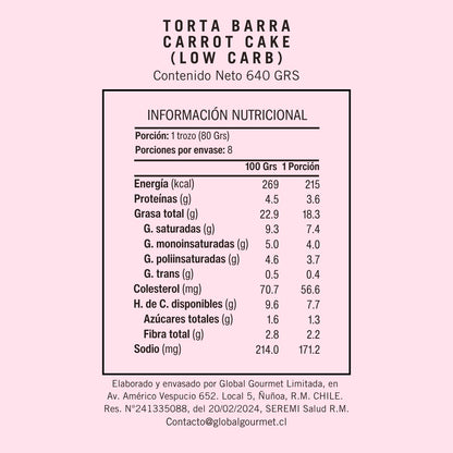 Torta Barra Carrot Cake LowCarb Sin Azúcar
