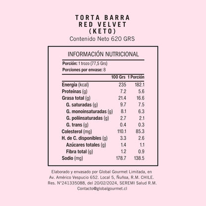 Torta Barra Red Velvet Keto Sin Azúcar