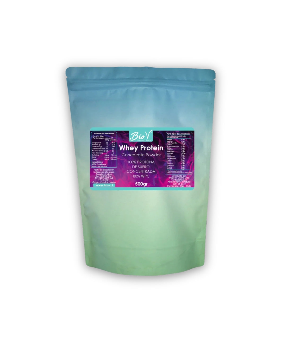Envase de 500 gramos de proteína BioV Whey Protein con información nutricional y perfil de aminoácidos