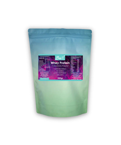 Envase de 500 gramos de proteína BioV Whey Protein con información nutricional y perfil de aminoácidos